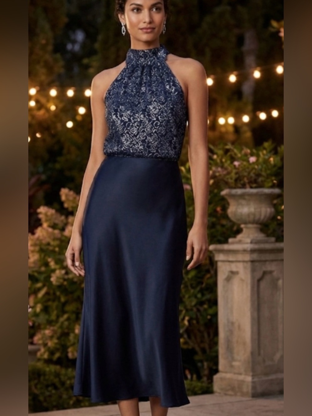 J Crew - Elegant Blue Mettalic High-Neck Lace & Halter Top